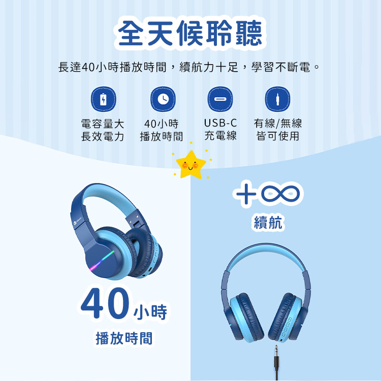 長達40小時播放時間,續航力十足,學習不斷電。