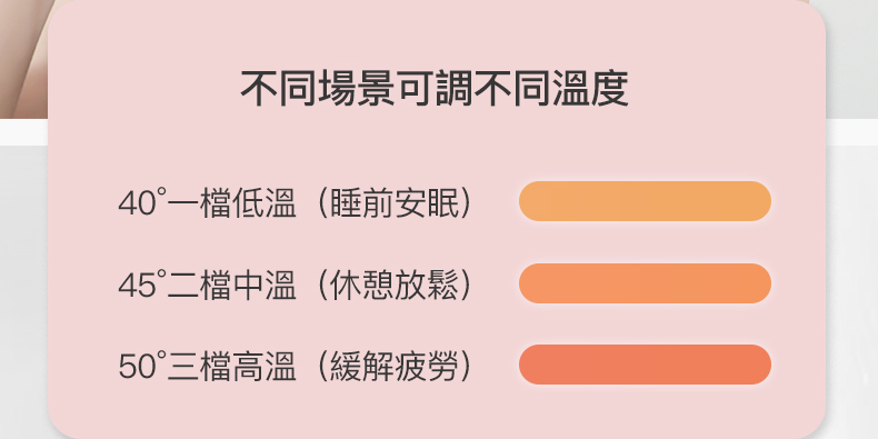 不同場景可調不同溫度 40一檔低溫睡前安眠 45二檔中溫休憩放鬆 50三檔高溫緩解疲勞 
