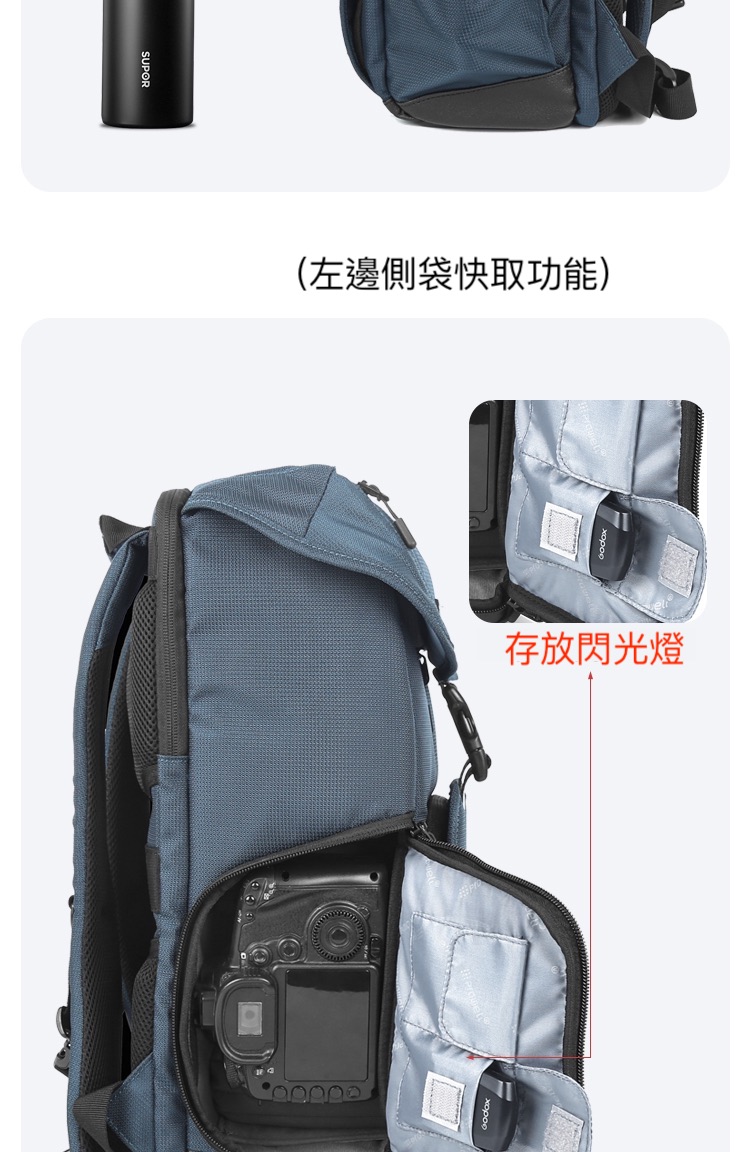 左邊側袋快取功能 存放閃光燈 