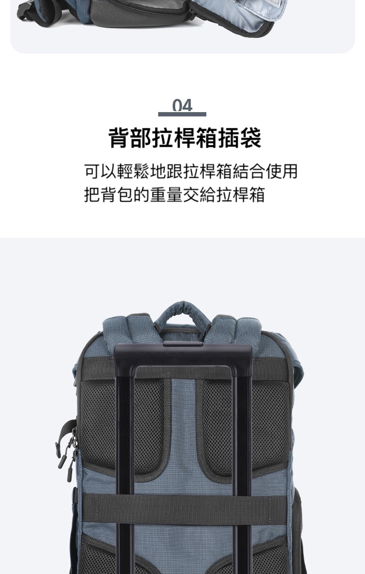 背部拉桿箱插袋 可以輕鬆地跟拉桿箱結合使用 把背包的重量交給拉桿箱 
