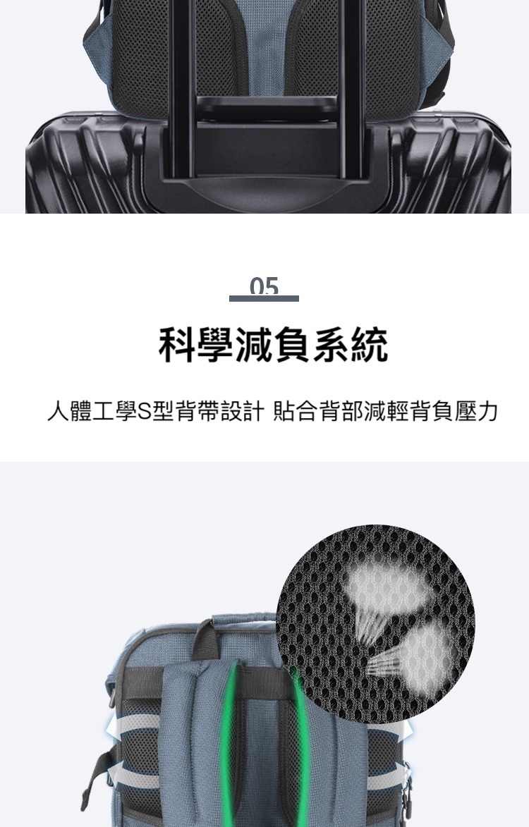 科學減負系統 人體工學S型背帶設計 貼合背部減輕背負壓力 