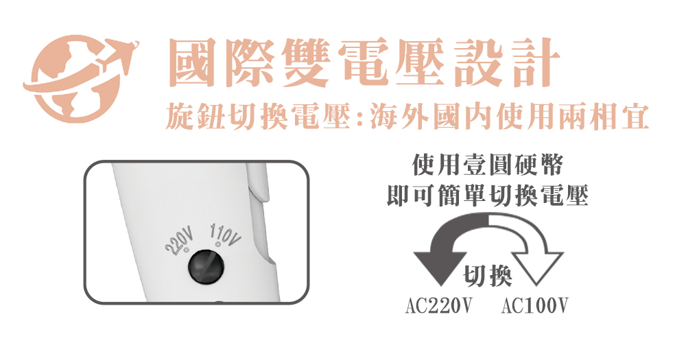國際雙電壓設計 旋鈕切換電壓海外國內使用兩相宜 使用壹圓硬幣 即可簡單切換電壓 切换