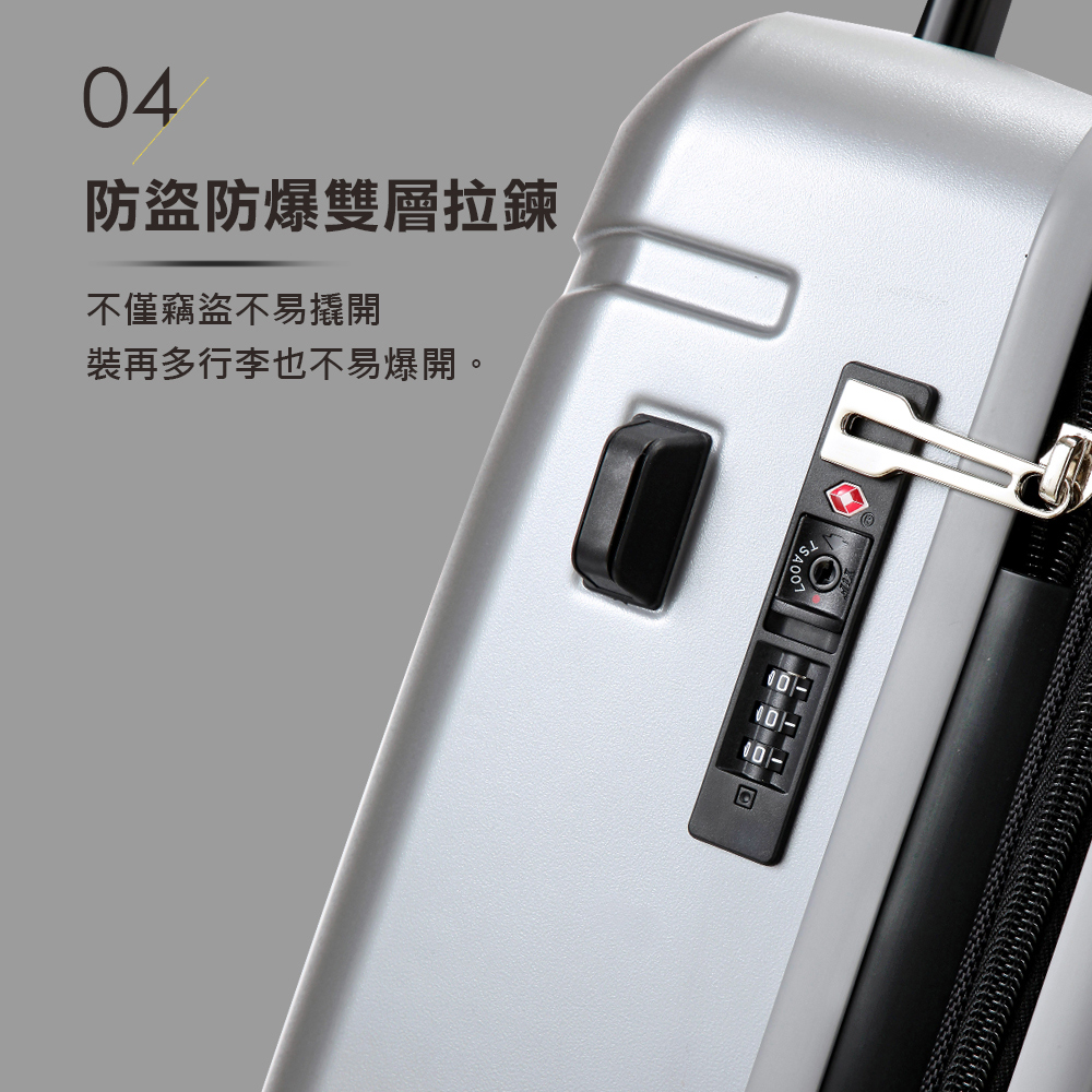 防盜防爆雙層拉鍊 不僅竊盜不易撬開 裝再多行李也不易爆開。 