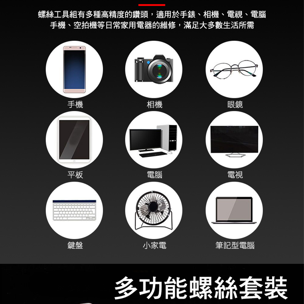 螺絲工具組有多種高精度的鑽頭,適用於手錶、相機、電視、電腦