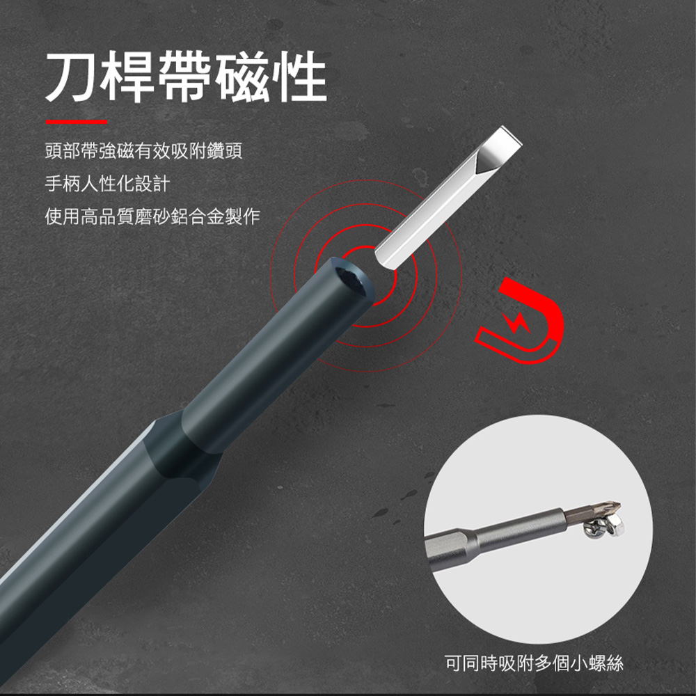 刀桿帶磁性 頭部帶強磁有效吸附鑽頭 手柄人性化設計 使用高品質磨砂鋁合金製作 可同時吸附多個小螺絲 