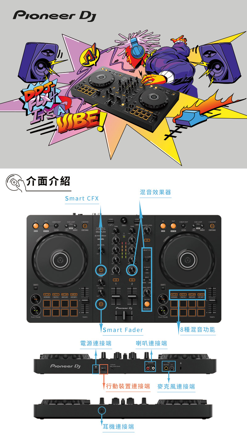 Pioneer DJ】DDJ-FLX4入門款雙軟體DJ控制器+ DM-40D- 4吋主動式監聽