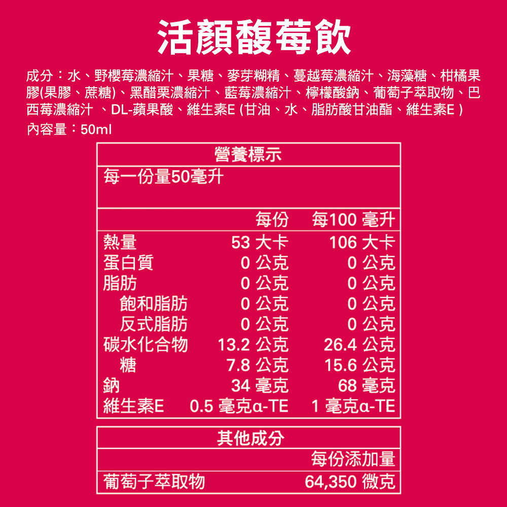 成分水、野櫻莓濃縮汁、果糖、麥芽糊精、蔓越莓濃縮汁、海藻糖、柑橘果