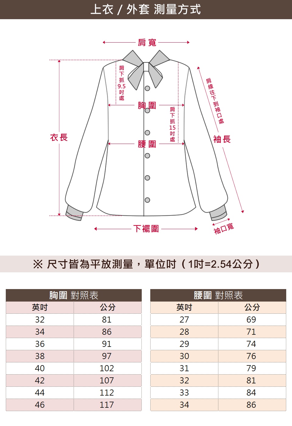 尺寸皆為平放測量,單位时 1吋2.54公分