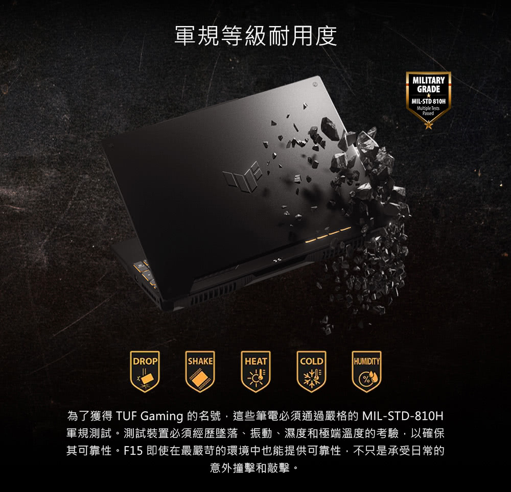 軍規等級耐用度 為了獲得 TUF Gaming 的名號,這些筆電必須通過嚴格的 MILSTD810H 軍規測試。測試裝置必須經歷墜落、振動、濕度和極端溫度的考驗,以確保 其可靠性。F15 即使在最嚴苛的環境中也能提供可靠性,不只是承受日常的 意外撞擊和敲擊。 