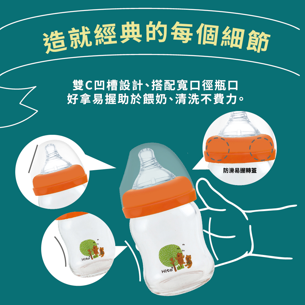 造就經典的每個細節 雙C凹槽設計、搭配寬口徑瓶口 好拿易握助於餵奶、清洗不費力。 防滑易握轉蓋 