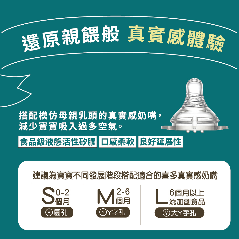 建議為寶寶不同發展階段搭配適合的喜多真實感奶嘴