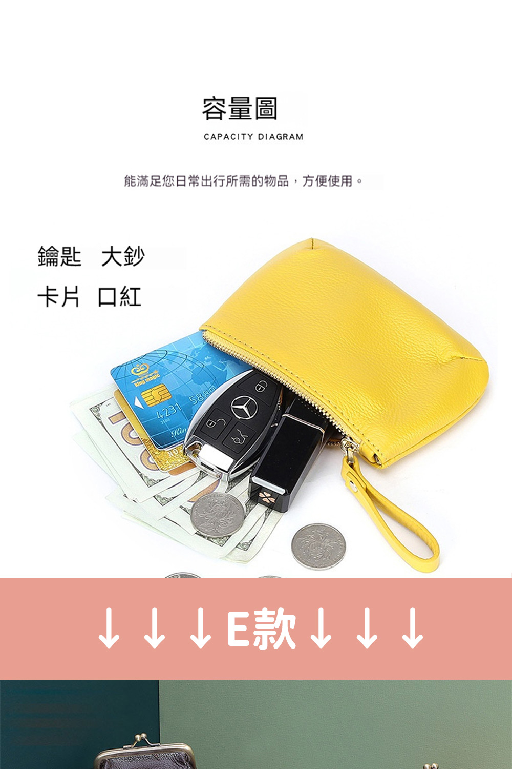 容量圖 能滿足您日常出行所需的物品,方便使用。 鑰匙 大鈔 卡片 口紅 