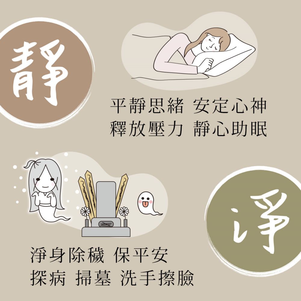 平靜思緒 安定心神 釋放壓力 靜心助眠 淨身除穢 保平安 探病 掃墓 洗手擦臉 