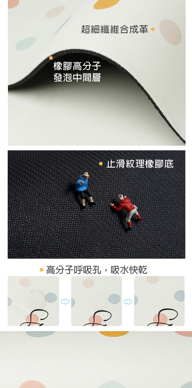 超細纖維合成革 橡膠高分子 發泡中間層 止滑紋理橡膠底 高分子呼吸孔,吸水快乾 