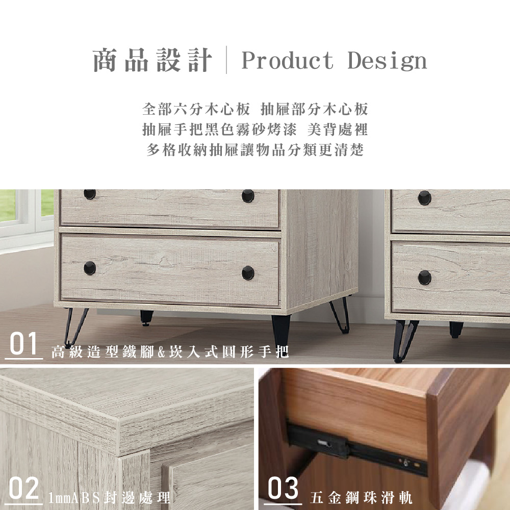 商品設計 Product Design全部六分心板 抽屜部分心板抽屜手把黑色霧砂烤漆 美背處裡多格收納抽屜讓物品分類更清楚01高級造型鐵腳&崁入式圓形手把02031mmABS封邊處理五金鋼珠滑軌