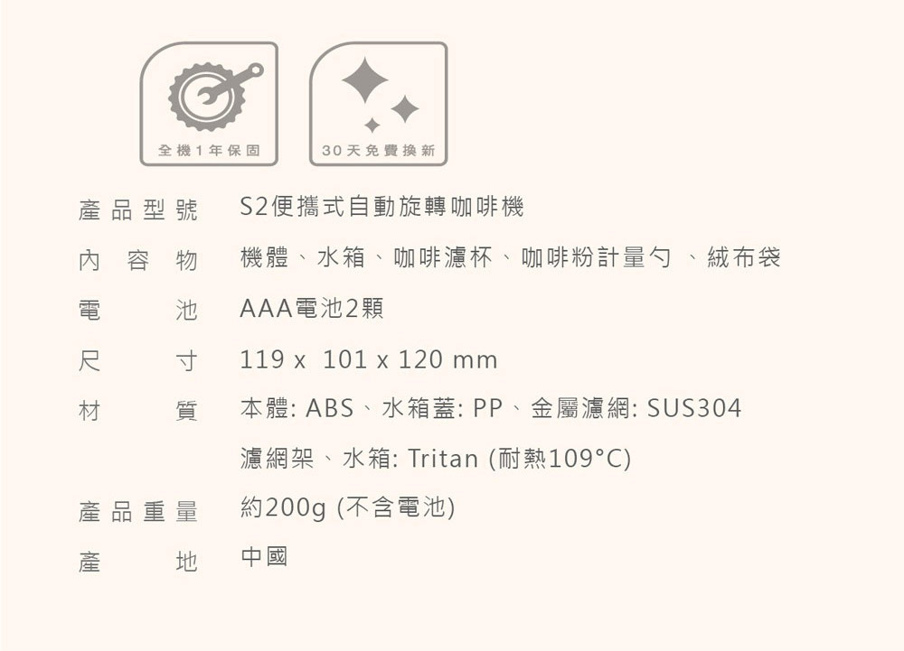 本體 ABS、水箱蓋PP、金屬濾網SUS304