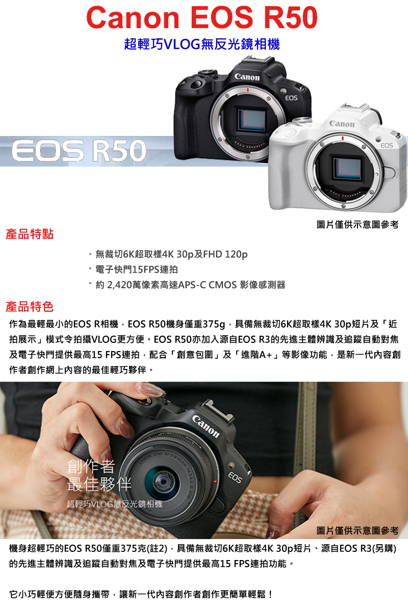 機身超輕巧的EOS R50僅重375克註2,具備無裁切6K超取樣4K 30p短片、源自EOS R3另購