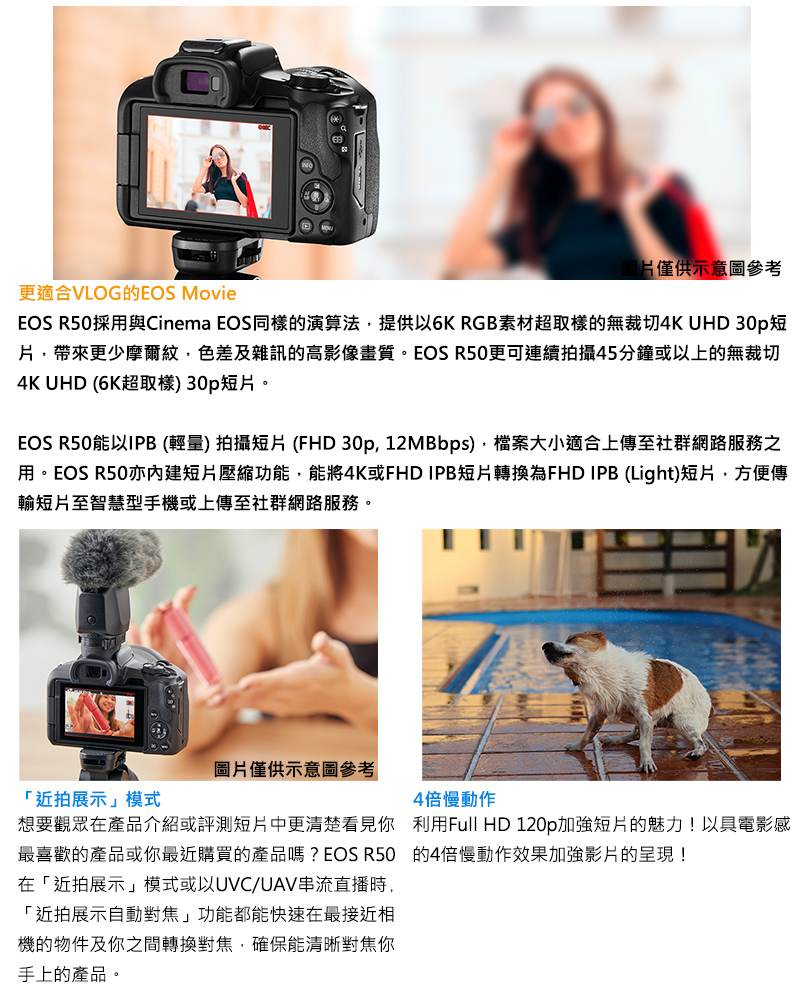 EOS R50採用與Cinema EOS同樣的演算法,提供以6K RGB素材超取樣的無裁切4K UHD 30p短