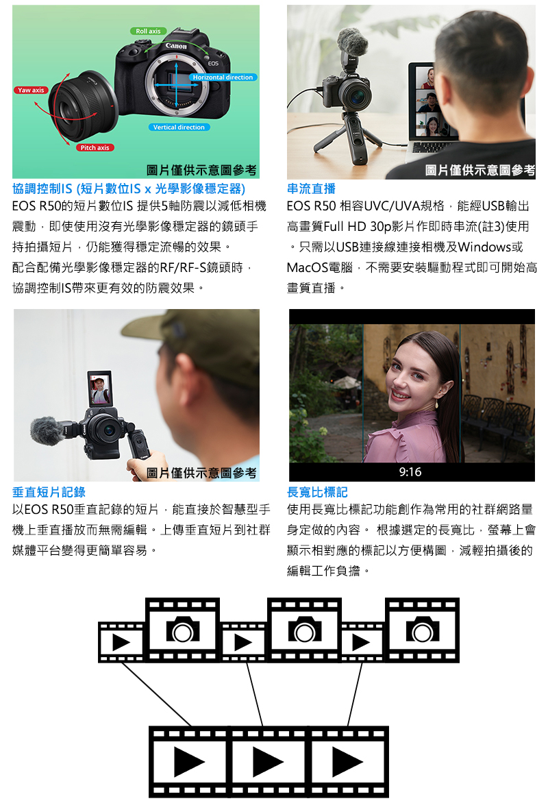 EOS R50的短片數位IS 提供5軸防震以減低相機