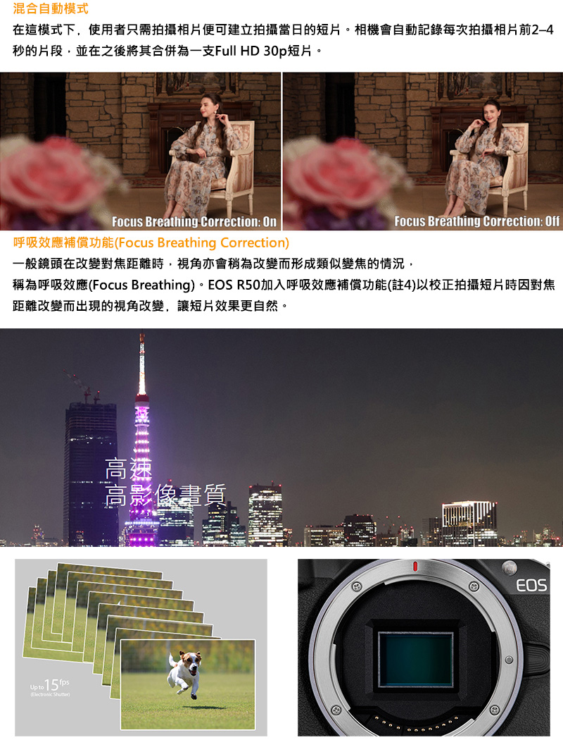 稱為呼吸效應Focus Breathing。EOS R50加入呼吸效應補償功能註4以校正拍攝短片時因對焦