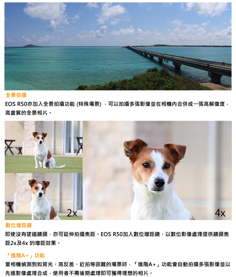 EOS R50亦加入全景拍攝功能 特殊場景,可以拍攝多張影像並在相機內合併成一張高解像度,