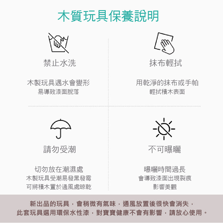 此套玩具選用環保水性漆,對寶寶健康不會有影響,請放心使用。