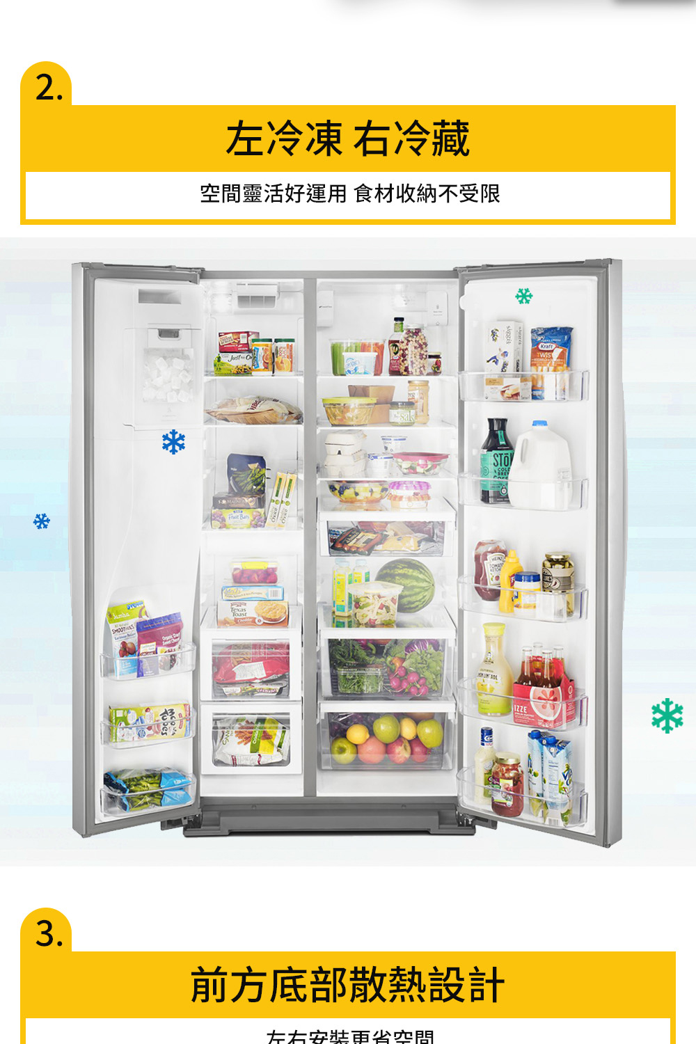 左冷凍 右冷藏 空間靈活好運用 食材收納不受限 前方底部散熱設計 左右安裝更省空間