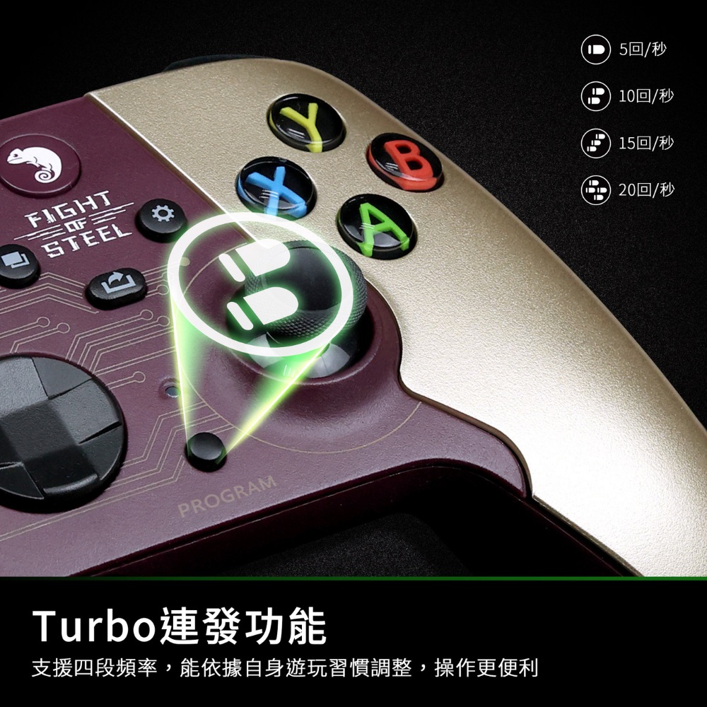 Turbo連發功能 支援四段頻率,能依據自身遊玩習慣調整,操作更便利 5回秒 10回秒 20回秒 