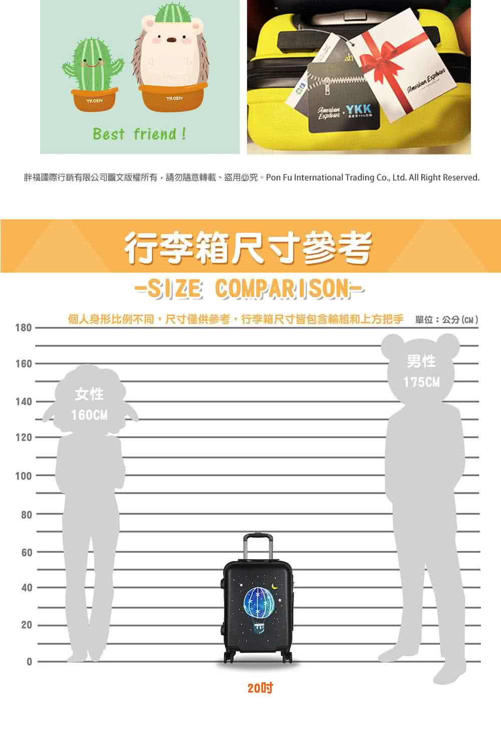 胖福國際行銷有限公司圖文版權所有,請勿隨意轉載、盜用必究。Pon Fu International Trading Co., Ltd. All Right Reserved. 行李箱尺寸參考 個人身形比例不同,尺寸僅供參考,行李箱尺寸皆包含輪組和上方把手 單位公分CM 女性 男性 