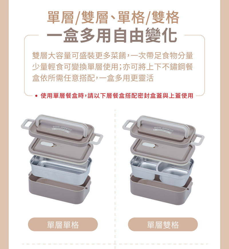 使用單層餐盒時,請以下層餐盒搭配密封盒蓋與上蓋使用