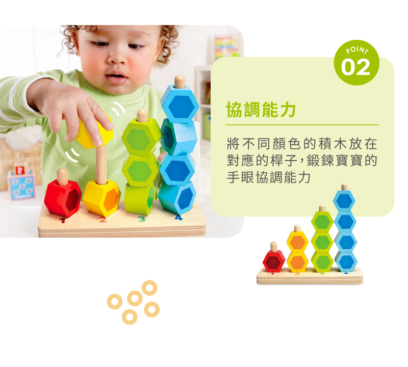 協調能力 將不同顏色的積木放在 對應的桿子,鍛鍊寶寶的 手眼協調能力 