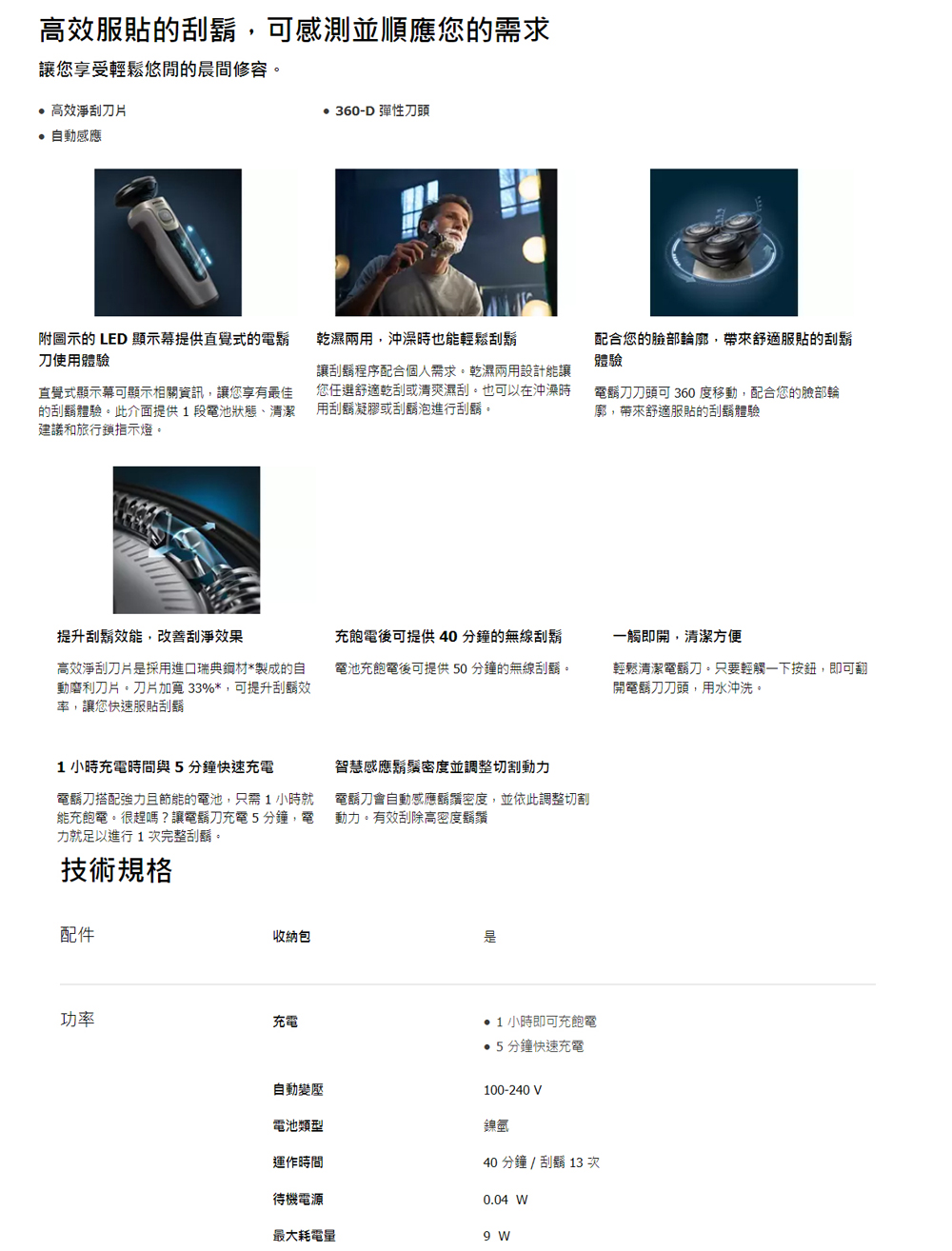 電鬍刀刀頭可 360 度移動,配合您的臉部輪