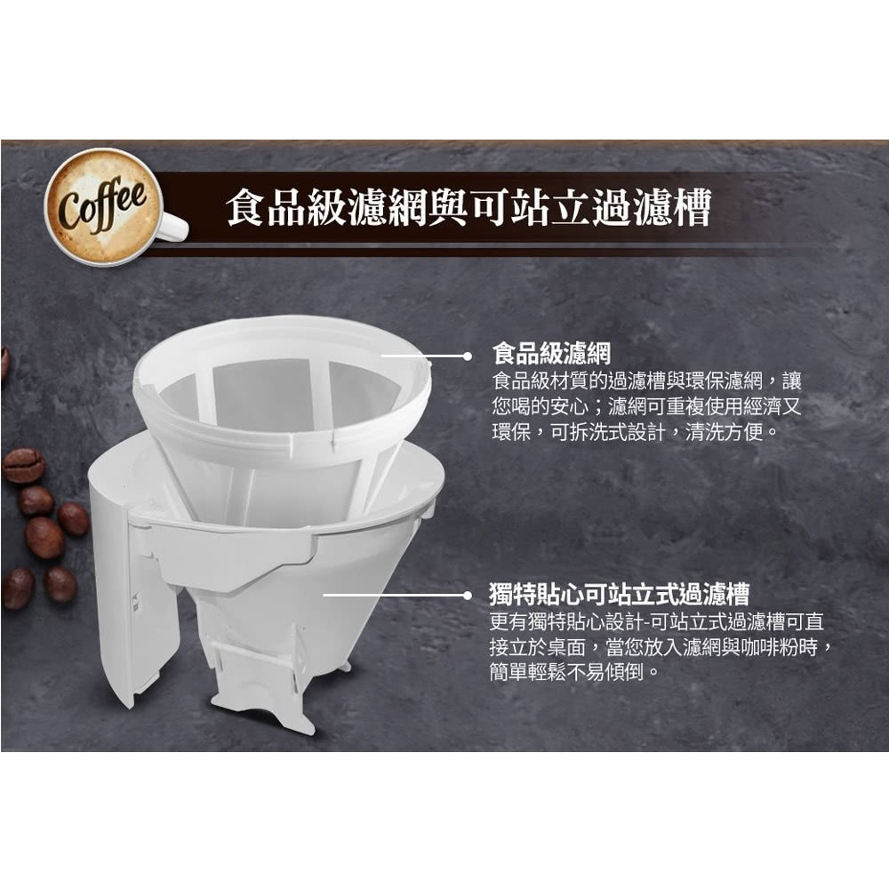 接立於桌面,當您放入濾網與咖啡粉時,