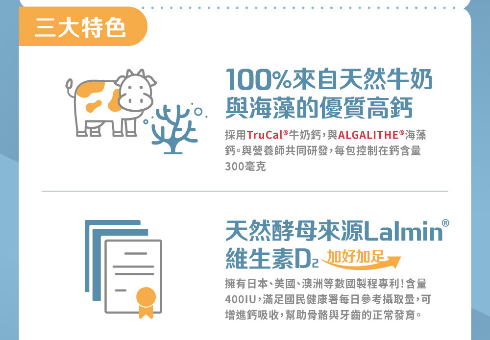 採用TruCal牛奶鈣,與ALGALITHE海藻