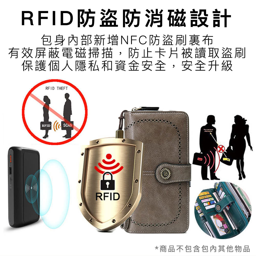 RFID防盗防消磁設計 包身內部新增NFC防盜刷裏布 有效屏蔽電磁掃描,防止卡片被讀取盜刷 保護個人隱私和資金安全,安全升級 商品不包含包內其他物品 