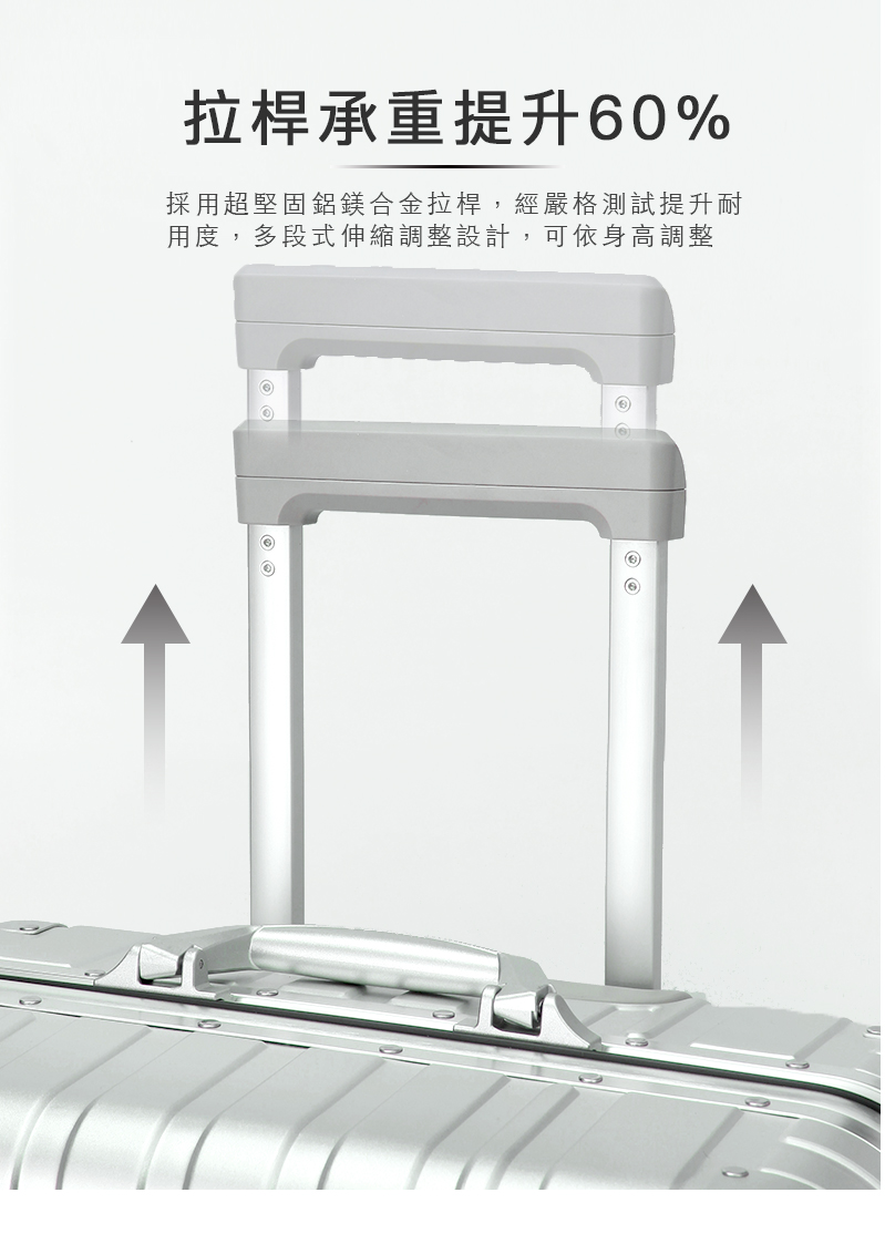 拉桿承重提升60% 採用超堅固鋁鎂合金拉桿,經嚴格測試提升耐 用度,多段式伸縮調整設計, 可依身高調整 