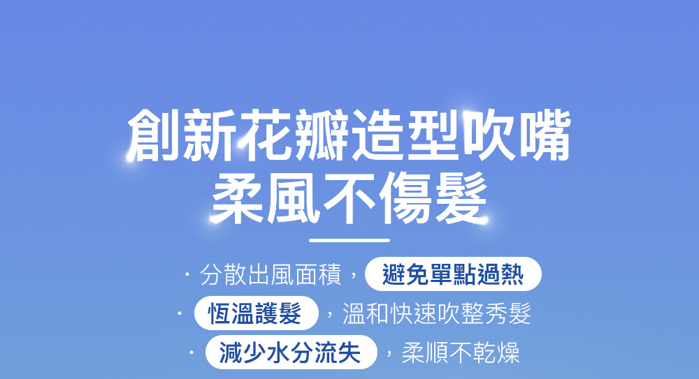 創新花瓣造型吹嘴 柔風不傷髮 分散出風面積, 避免單點過熱 恆溫護髮,溫和快速吹整秀髮 減少水分流失,柔順不乾燥 