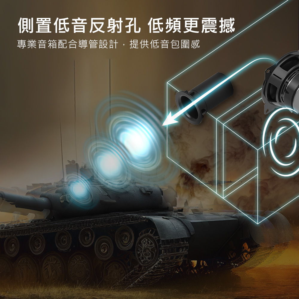 側置低音反射孔 低頻更震撼 專業音箱配合導管設計,提供低音包圍感 