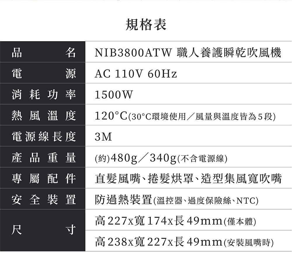 名 NIB3800ATW 職人養護瞬乾吹風機