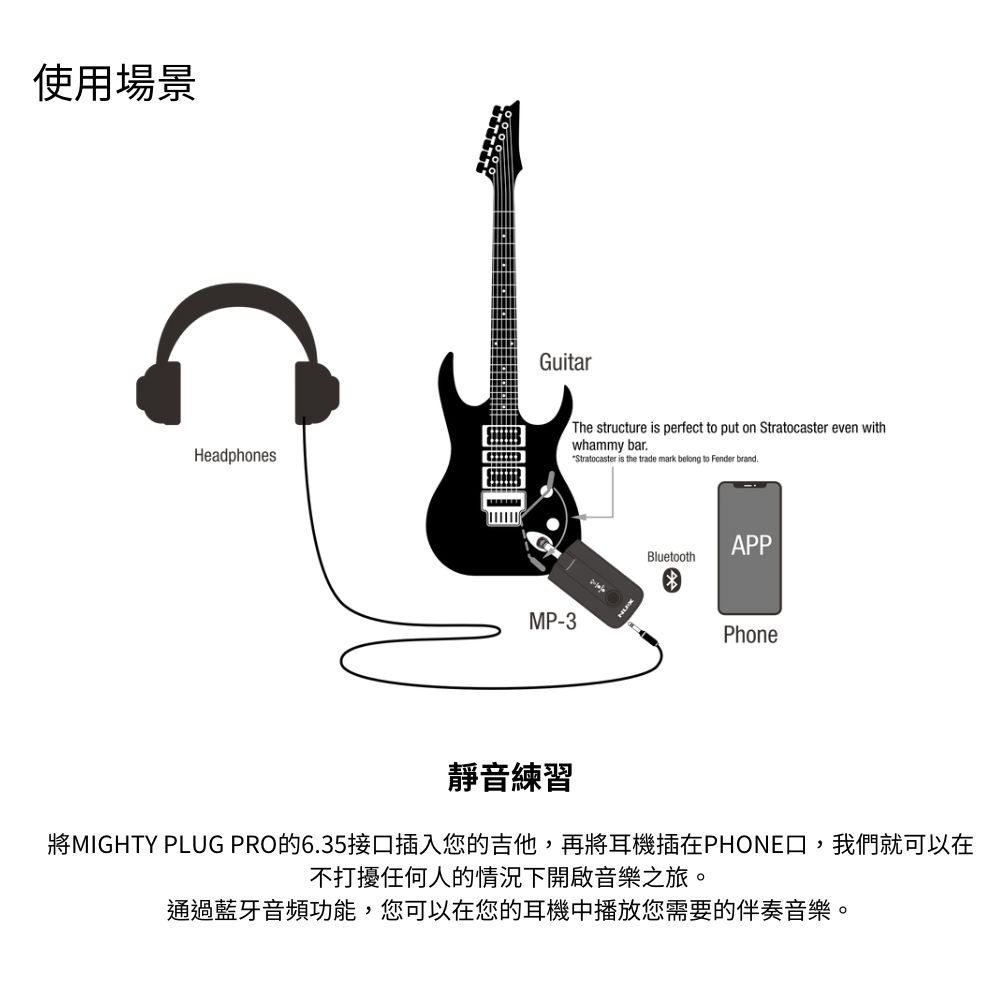 使用場景 靜音練習 將MIGHTY PLUG PRO的6.35接口插入您的吉他,再將耳機插在PHONE口,我們就可以在 不打擾任何人的情況下開啟音樂之旅。 通過藍牙音頻功能,您可以在您的耳機中播放您需要的伴奏音樂。 