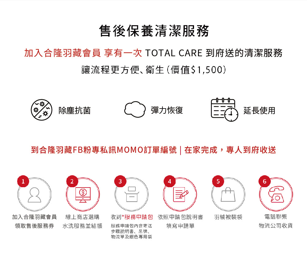 加入合隆羽藏會員 享有一次 TOTAL CARE 到府送的清潔服務