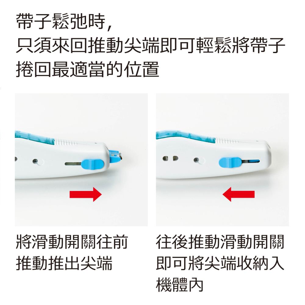 只須來回推動尖端即可輕鬆將帶子