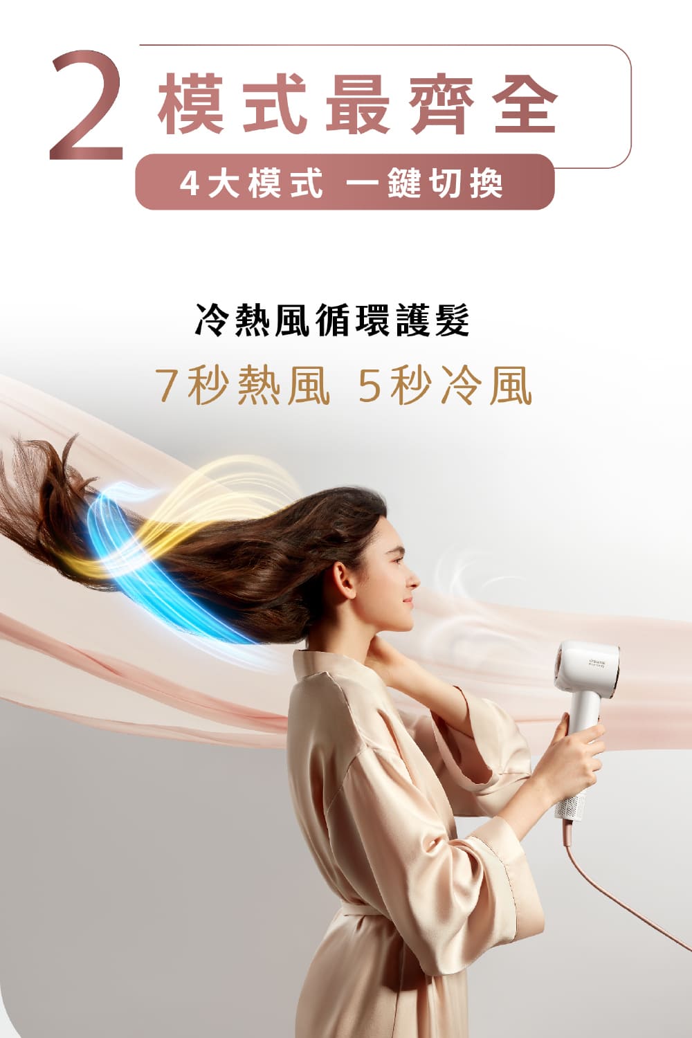 2 模式最齊全 4大模式 一鍵切換 冷熱風循環護髮 7秒熱風 5秒冷風 