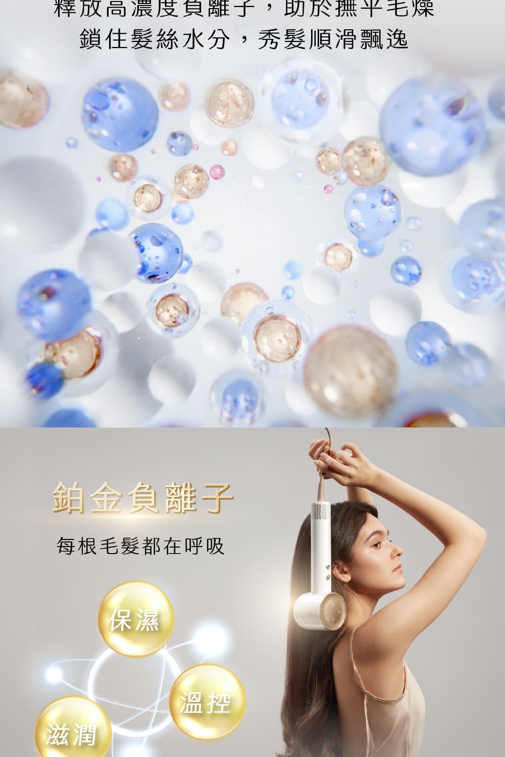 釋放高濃度負離子,助於撫平毛燥