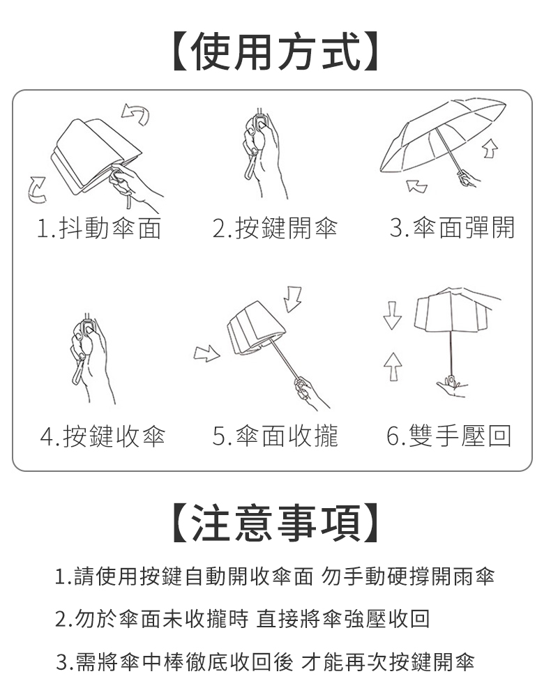 1.請使用按鍵自動開收傘面 勿手動硬撐開雨傘