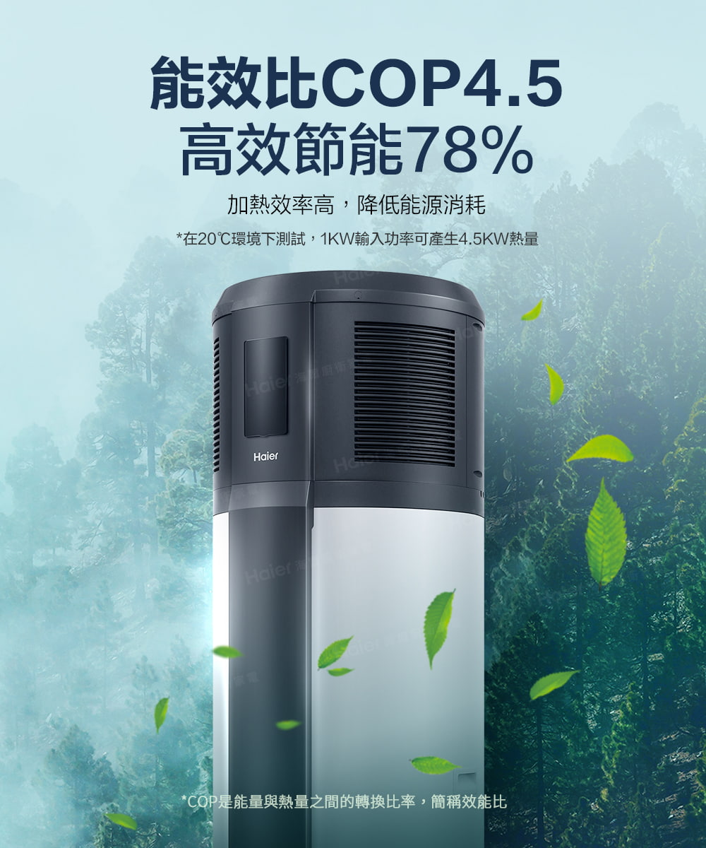 能效比COP4.5 高效節能78% 加熱效率高,降低能源消耗 在20環境下測試,1KW輸入功率可產生4.5KW熱量 COP是能量與熱量之間的轉換比率,簡稱效能比 