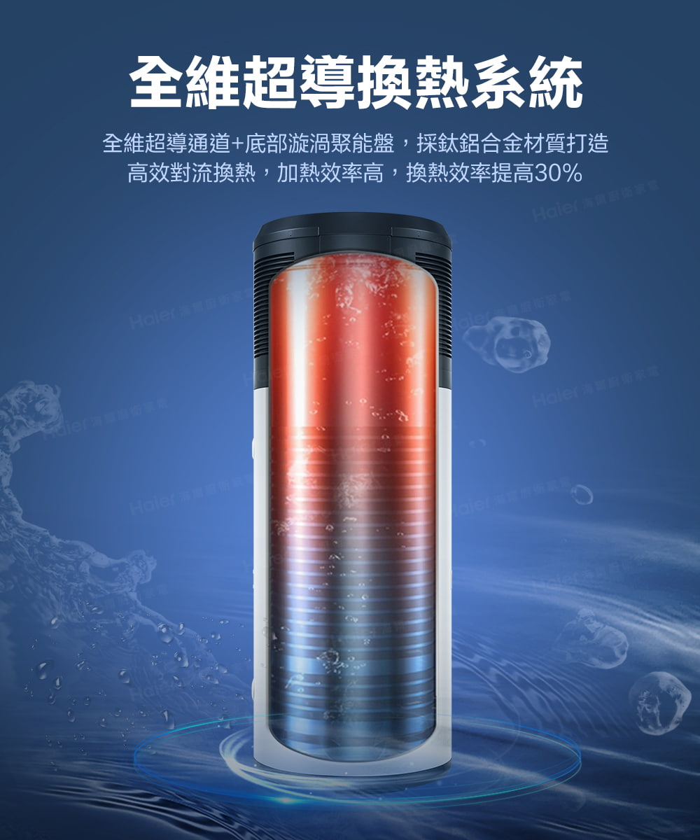 全維超導換熱系統 全維超導通道底部漩渦聚能盤,採鈦鋁合金材質打造 高效對流換熱,加熱效率高,換熱效率提高30% Haler 海爾街家電 Haier 海爾廚衛家。 