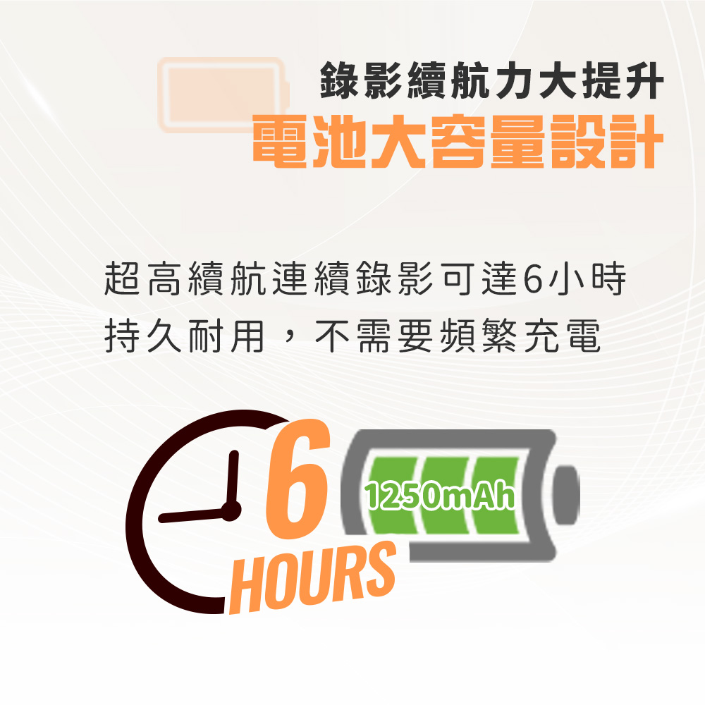 錄影續航力大提升 電池大容量設計 超高續航連續錄影可達6小時 持久耐用,不需要頻繁充電 