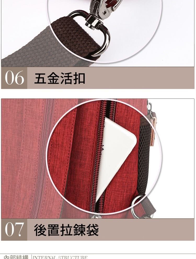 06 五金活扣 07 後置拉鍊袋 內部結構 INTERNAL STRUCTUBE. 