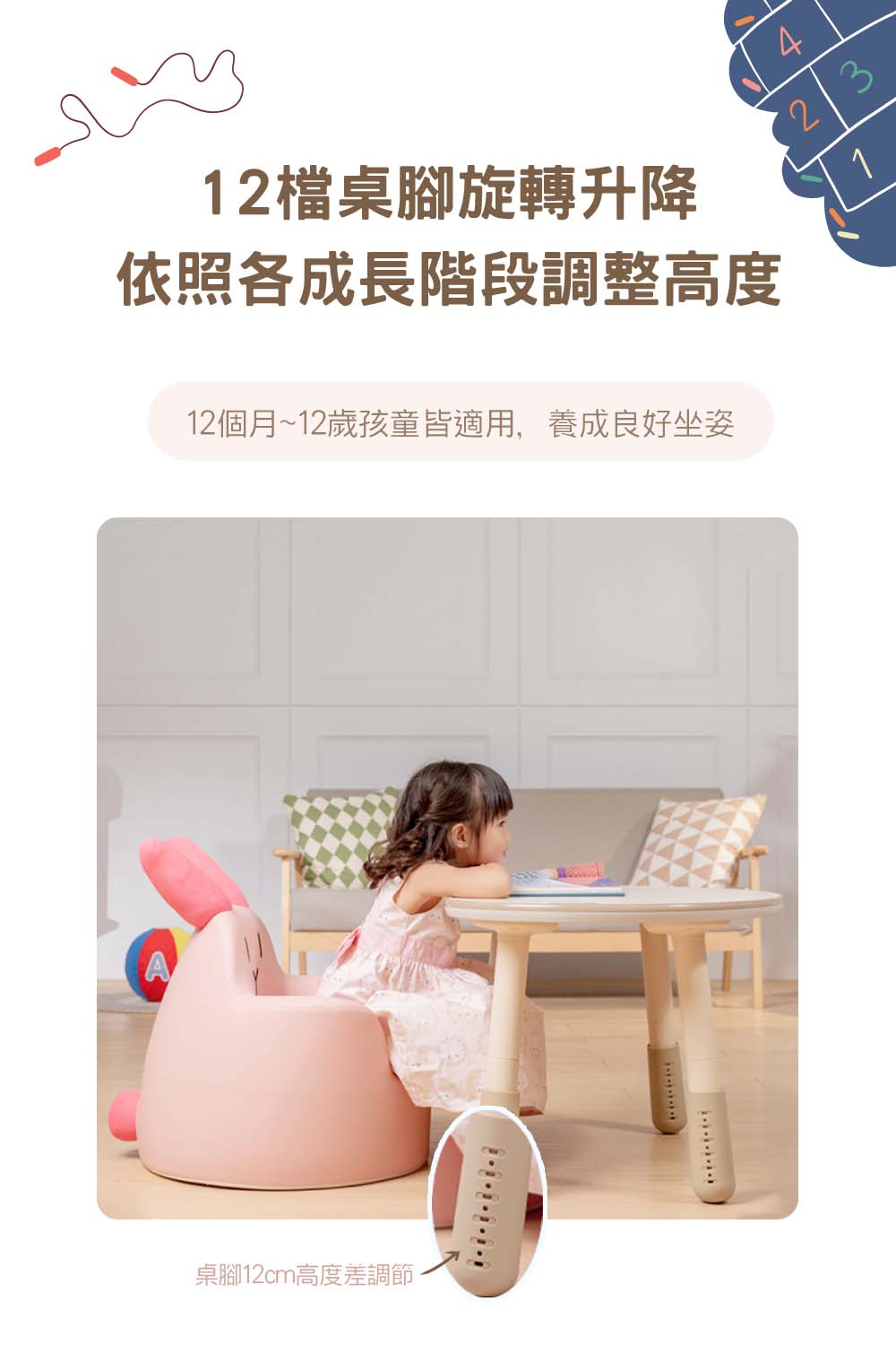 12檔桌腳旋轉升降 依照各成長階段調整高度 12個月12歲孩童皆適用,養成良好坐姿 桌腳12cm高度差調節 